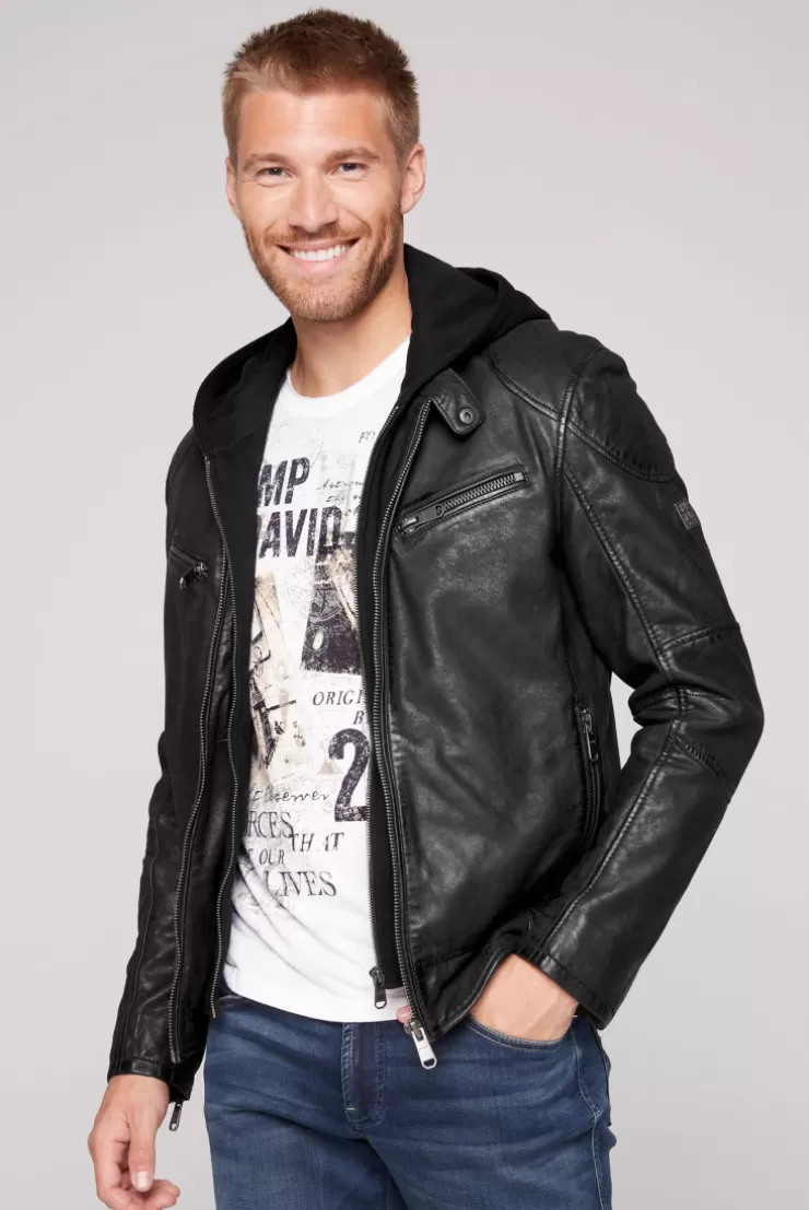 CAMP DAVID & SOCCX Bikerjacke aus Leder mit Kapuzeneinsatz black Hot