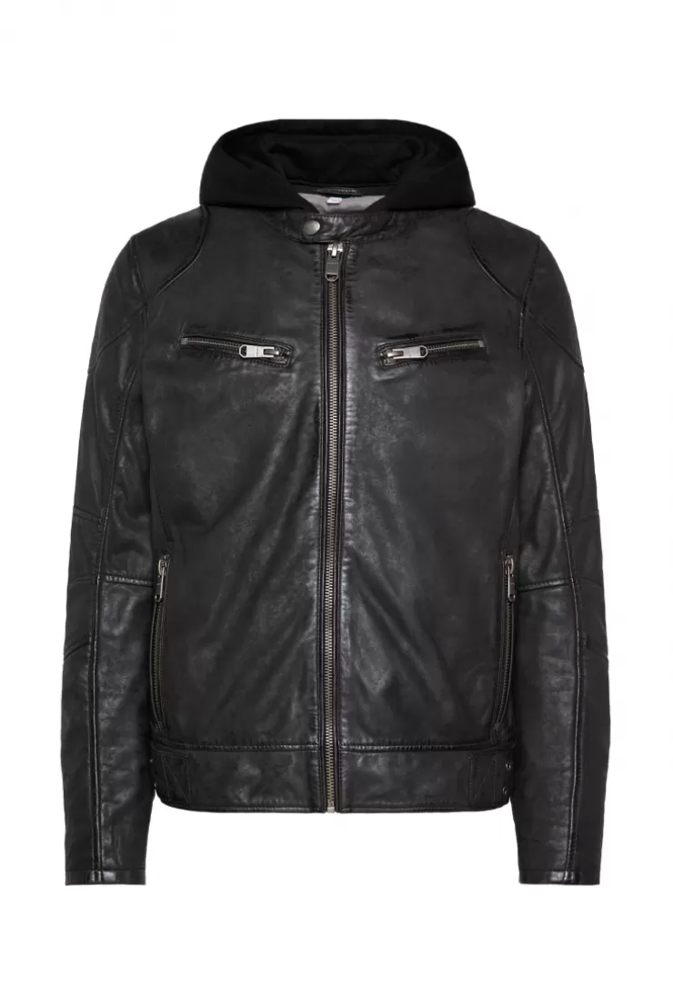 CAMP DAVID & SOCCX Bikerjacke aus Leder mit Kapuzeneinsatz black Hot