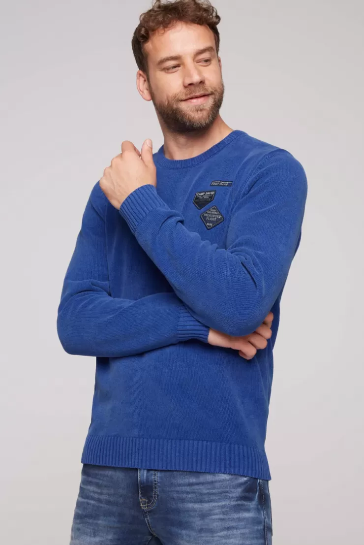 CAMP DAVID & SOCCX Chenille-Pullover Stone Washed mit Patches strong blue strongblue Hot