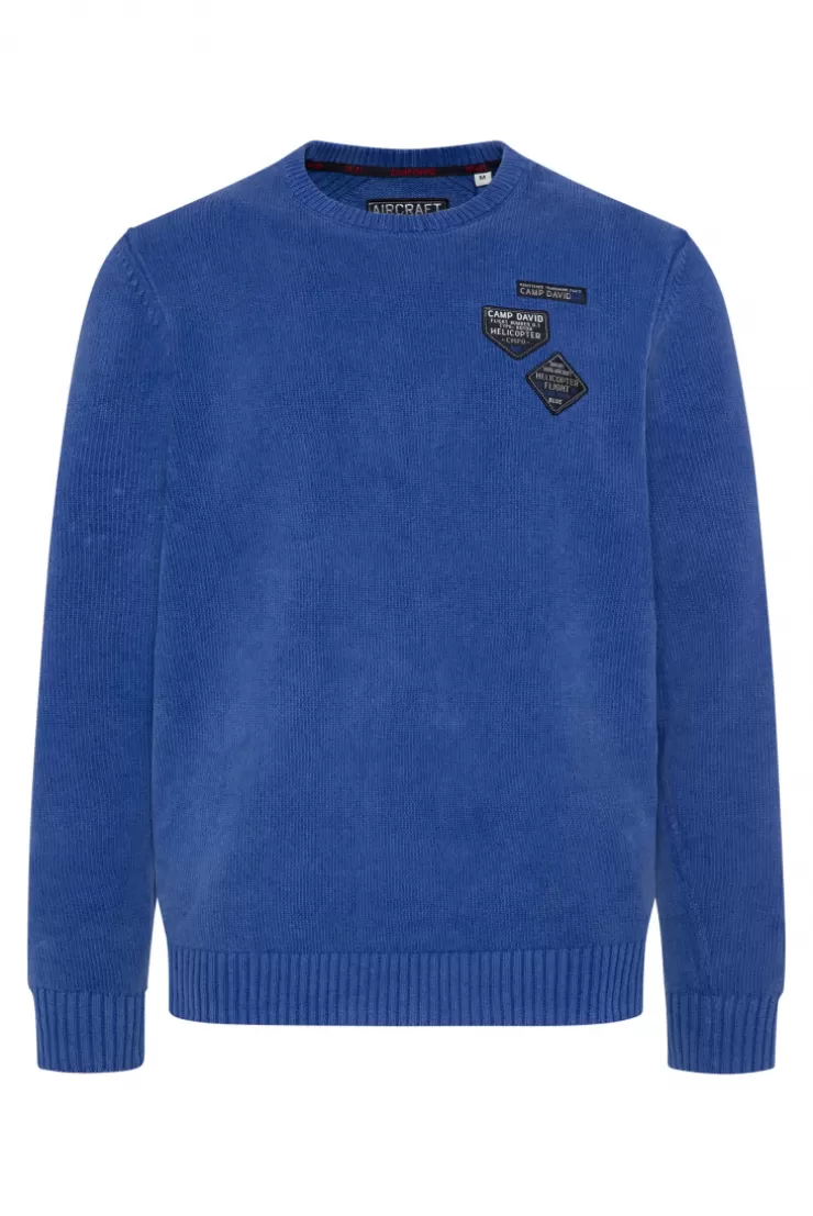 CAMP DAVID & SOCCX Chenille-Pullover Stone Washed mit Patches strong blue strongblue Hot