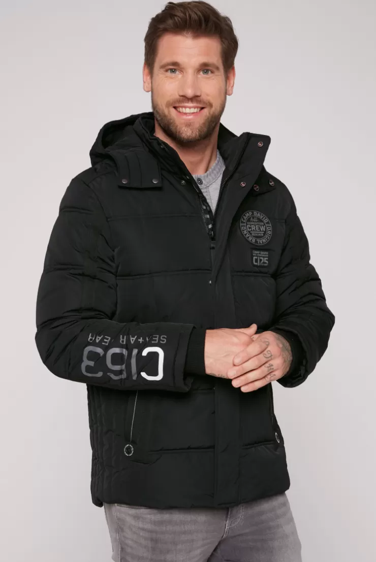 CAMP DAVID & SOCCX Lange Steppjacke mit Kapuze und Rücken-Artwork black Store