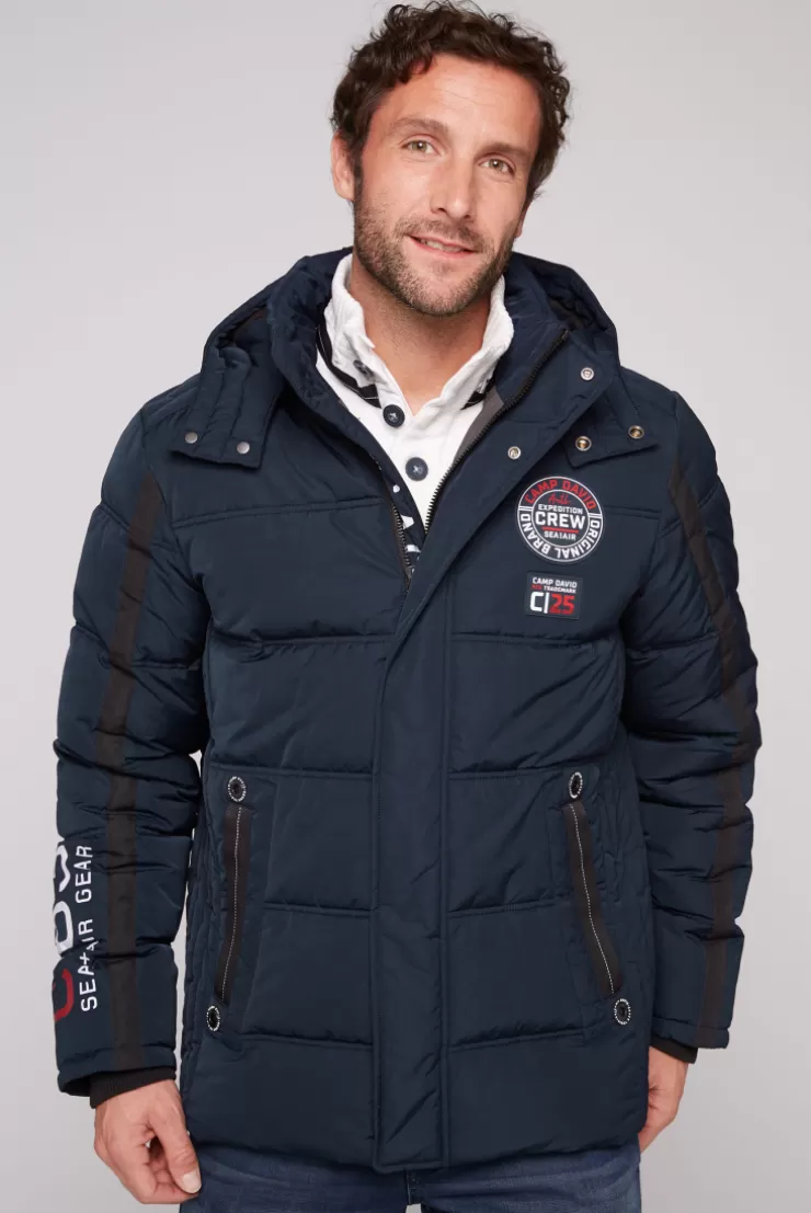 CAMP DAVID & SOCCX Lange Steppjacke mit Kapuze und Rücken-Artwork blue navy bluenavy Store