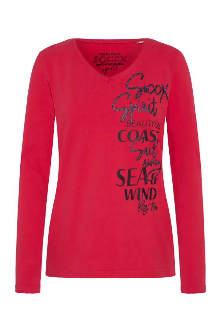 CAMP DAVID & SOCCX Longsleeve mit V-Ausschnitt und Glitter-Puff-Prints clear red clearred Cheap