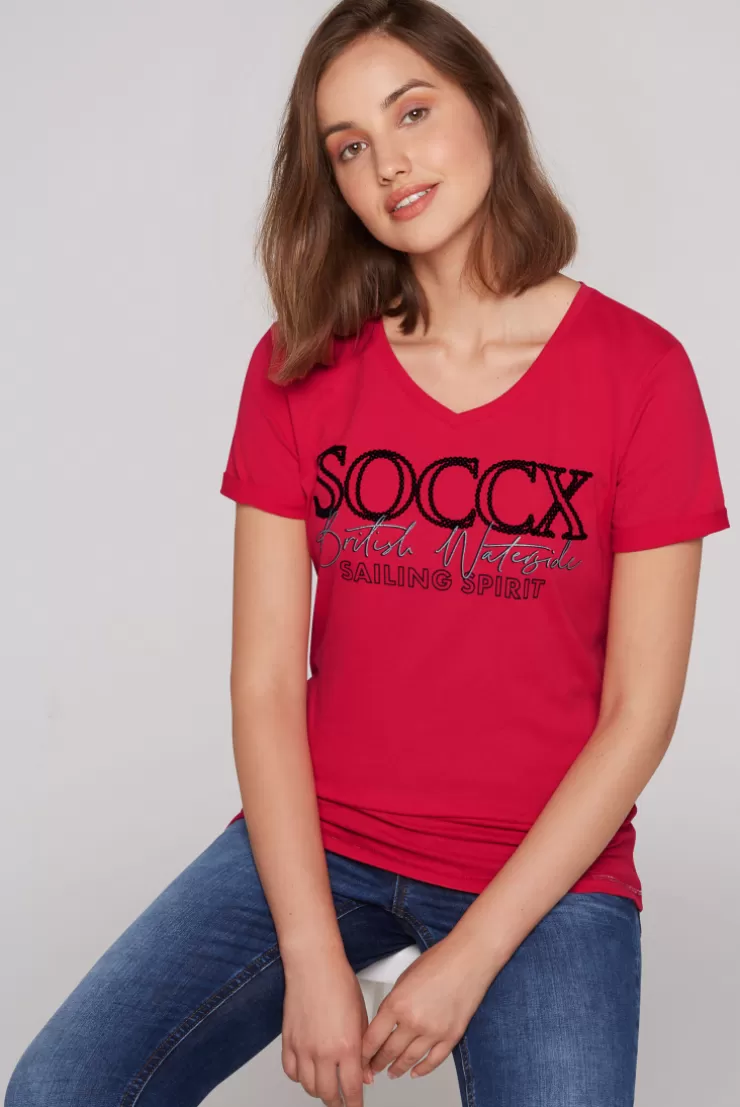 CAMP DAVID & SOCCX T-Shirt mit V-Ausschnitt und Glitter Print clear red clearred Shop