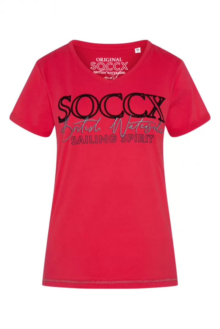 CAMP DAVID & SOCCX T-Shirt mit V-Ausschnitt und Glitter Print clear red clearred Shop