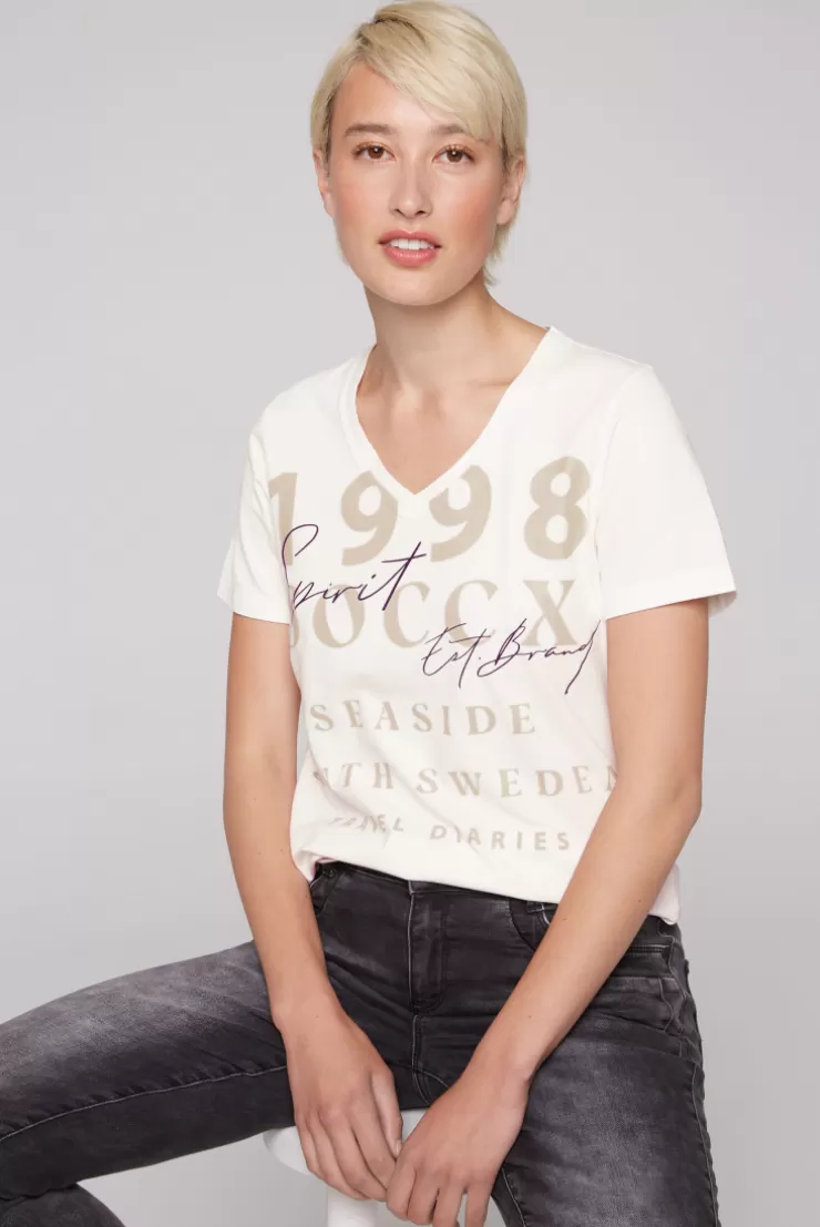 CAMP DAVID & SOCCX T-Shirt mit V-Ausschnitt und Wording Print ivory Sale