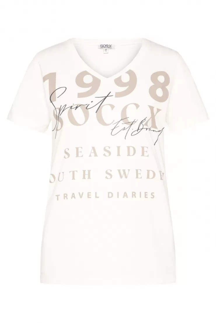 CAMP DAVID & SOCCX T-Shirt mit V-Ausschnitt und Wording Print ivory Sale