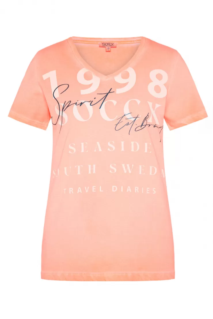 CAMP DAVID & SOCCX T-Shirt mit V-Ausschnitt und Wording Print neon orange neonorange Online
