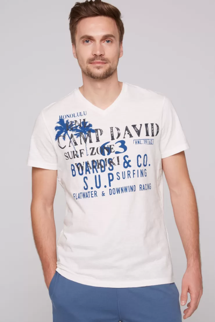 CAMP DAVID & SOCCX T-Shirt mit V-Neck und Print Artwork | XXL ivory Clearance