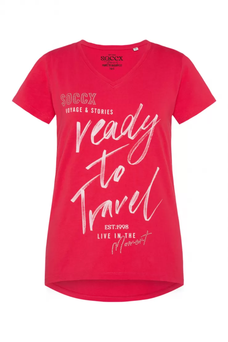 CAMP DAVID & SOCCX T-Shirt mit Wording Print und Schmucksteinen pinky red pinkyred Clearance